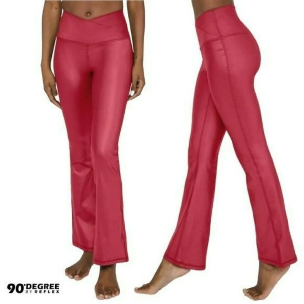 NWT 90 Degree By Reflex Crossover Waistband Faux Leather Flared Leg Yoga Pants
